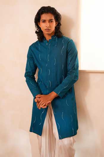 Tira by Naresh Raj_Blue Silk, Cotton, Modal, Satin Abstract Line Embroidered Kurta And Cowl Pant Set _at_Aza_Fashions