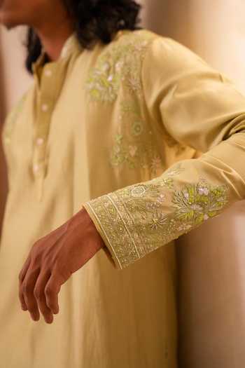 Shop_Tira by Naresh Raj_Green Silk, Cotton Floral Embroidered Kurta With Parallel Pant _Online_at_Aza_Fashions