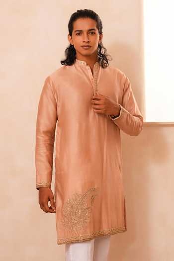 Tira by Naresh Raj_Rose Gold Silk, , Paisley Embroidered Kurta With Parallel Pant _Online_at_Aza_Fashions