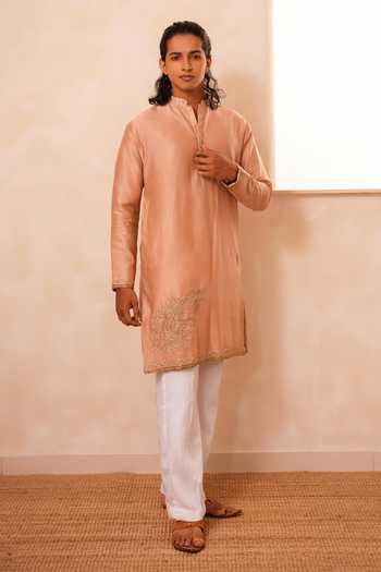 Shop_Tira by Naresh Raj_Rose Gold Silk, , Paisley Embroidered Kurta With Parallel Pant _Online_at_Aza_Fashions