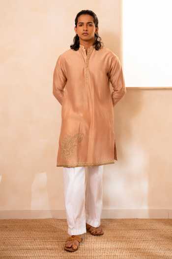 Tira by Naresh Raj_Rose Gold Silk, , Paisley Embroidered Kurta With Parallel Pant _at_Aza_Fashions