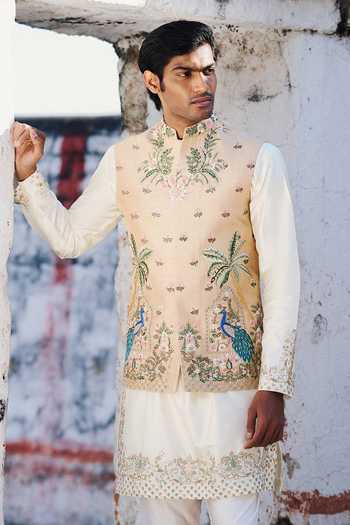 Tira by Naresh Raj Peacock Embroidered Bundi & Kurta Set 