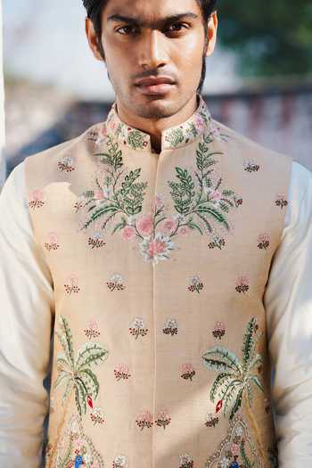 Tira by Naresh Raj_Gold Silk, Cotton, Satin, Tissue, Lycra Embroidery Peacock Bundi And Kurta Set _Online_at_Aza_Fashions