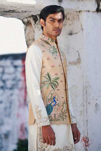Buy_Tira by Naresh Raj_Gold Silk, Cotton, Satin, Tissue, Lycra Embroidery Peacock Bundi And Kurta Set _Online_at_Aza_Fashions