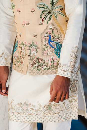 Tira by Naresh Raj_Gold Silk, Cotton, Satin, Tissue, Lycra Embroidery Peacock Bundi And Kurta Set _at_Aza_Fashions