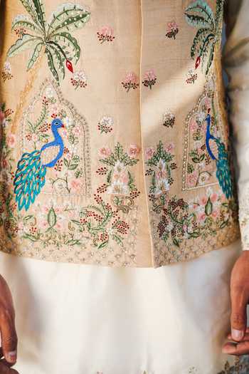 Shop_Tira by Naresh Raj_Gold Silk, Cotton, Satin, Tissue, Lycra Embroidery Peacock Bundi And Kurta Set 