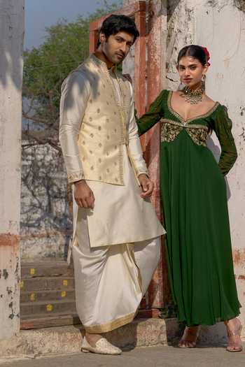 Shop_Tira by Naresh Raj_Ivory Silk Embroidery Bundi And Kurta Set _Online_at_Aza_Fashions
