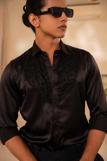 Buy Tira by Naresh Raj Black Organza, Satin Embroidered Shirt Buy_Tira by Naresh Raj_Black Organza, Satin Embroidered Shirt