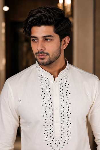Jhambthreads_White Cotton, Silk Embroidered Placket Kurta And Pant Set _Online_at_Aza_Fashions