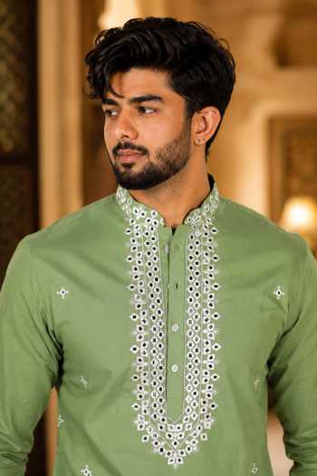 Jhambthreads_Green Cotton, Silk Embroidered Kurta And Pant Set _Online_at_Aza_Fashions
