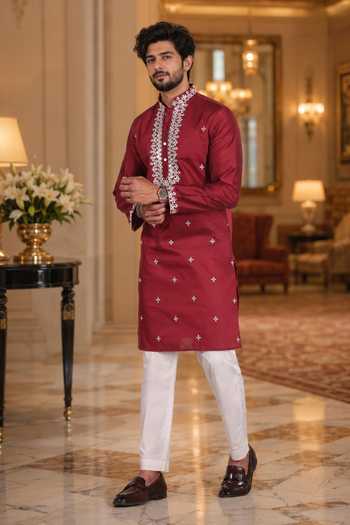Jhambthreads_Maroon Cotton, Silk Embroidered Kurta And Pant Set _Online_at_Aza_Fashions