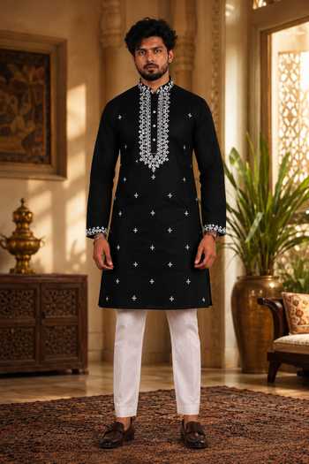 Jhambthreads Black Cotton, Silk Embroidered Work Kurta And Pant Set Online at Aza Fashions Jhambthreads_Black Cotton, Silk Embroidered Work Kurta And Pant Set _Online_at_Aza_Fashions