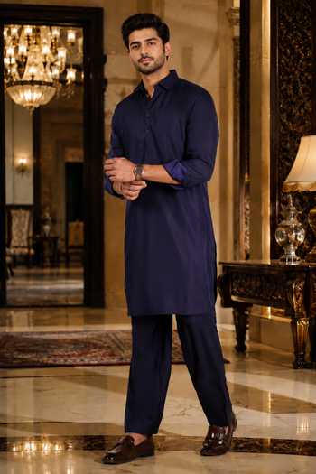 Shop_Jhambthreads_Blue Cotton Satin Solid Kurta And Salwar Set _Online_at_Aza_Fashions