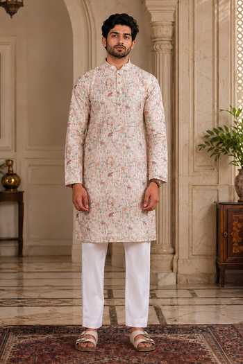 Jhambthreads Beige Cotton, Silk Woven Digital Print Kurta And Pant Set Online at Aza Fashions Jhambthreads_Beige Cotton, Silk Woven Digital Print Kurta And Pant Set _Online_at_Aza_Fashions