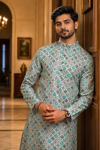 Buy Jhambthreads Blue Cotton, Silk Geometric Print Kurta And Pant Set Online at Aza Fashions Buy_Jhambthreads_Blue Cotton, Silk Geometric Print Kurta And Pant Set _Online_at_Aza_Fashions