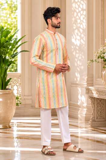 Buy Jhambthreads Multi Color Silk Stripe Print Kurta And Pant Set Online at Aza Fashions Buy_Jhambthreads_Multi Color Silk Stripe Print Kurta And Pant Set _Online_at_Aza_Fashions