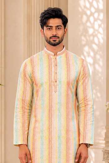 Shop Jhambthreads Multi Color Silk Stripe Print Kurta And Pant Set Online at Aza Fashions Shop_Jhambthreads_Multi Color Silk Stripe Print Kurta And Pant Set _Online_at_Aza_Fashions