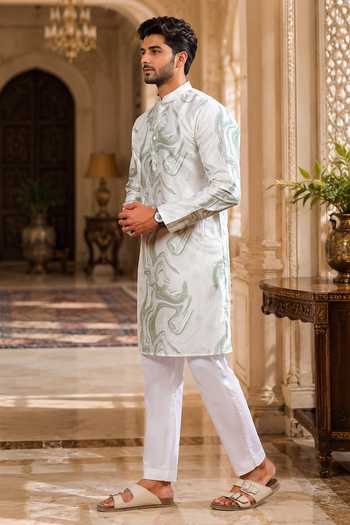Shop Jhambthreads Green Silk Marble Print Kurta And Pant Set Online at Aza Fashions Shop_Jhambthreads_Green Silk Marble Print Kurta And Pant Set _Online_at_Aza_Fashions