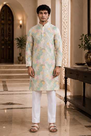 Shop Jhambthreads Multi Color Silk Abstract Print Kurta And Pant Set Online at Aza Fashions Shop_Jhambthreads_Multi Color Silk Abstract Print Kurta And Pant Set _Online_at_Aza_Fashions