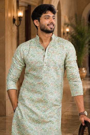 Buy Jhambthreads Green Silk Printed Pastel Kurta And Pant Set Online at Aza Fashions Buy_Jhambthreads_Green Silk Printed Pastel Kurta And Pant Set _Online_at_Aza_Fashions