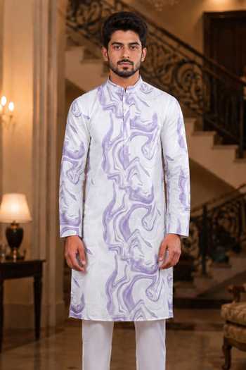 Shop Jhambthreads White Silk Marble Print Kurta And Pant Set Online at Aza Fashions Shop_Jhambthreads_White Silk Marble Print Kurta And Pant Set _Online_at_Aza_Fashions
