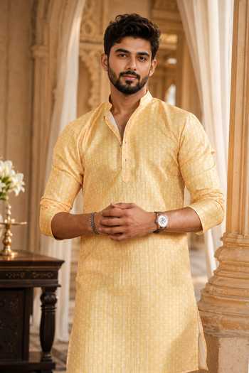 Buy_Jhambthreads_Yellow Silk Printed Striped Kurta And Pant Set _Online_at_Aza_Fashions