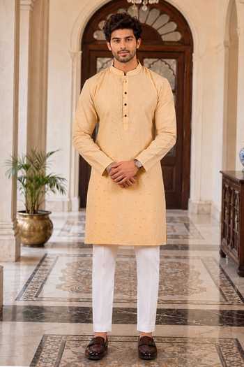 Shop Jhambthreads Beige Cotton, Silk Woven Butti Kurta And Pant Set Online at Aza Fashions Shop_Jhambthreads_Beige Cotton, Silk Woven Butti Kurta And Pant Set _Online_at_Aza_Fashions