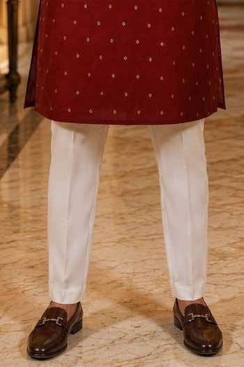Jhambthreads_Maroon Cotton, Silk Woven Butti Plain Kurta And Pant Set _Online_at_Aza_Fashions
