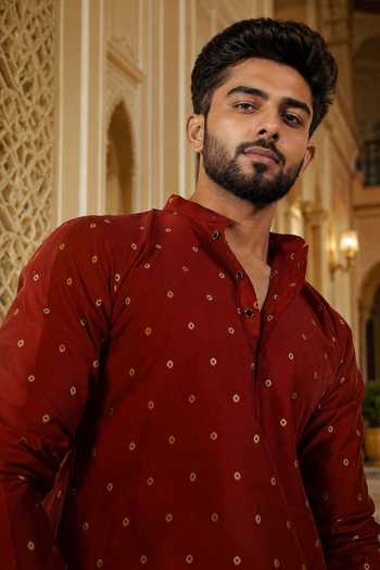 Buy_Jhambthreads_Maroon Cotton, Silk Woven Butti Plain Kurta And Pant Set _Online_at_Aza_Fashions