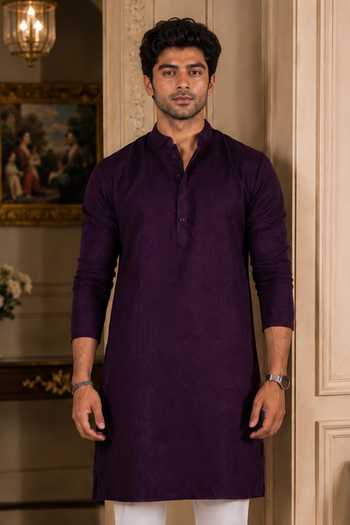 Jhambthreads Purple Cotton, Silk Embroidered Straight Kurta And Pant Set Online at Aza Fashions Jhambthreads_Purple Cotton, Silk Embroidered Straight Kurta And Pant Set _Online_at_Aza_Fashions