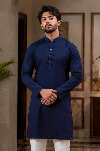 Buy_Jhambthreads_Blue Cotton, Silk Woven Dobby Plain Kurta And Pant Set _Online_at_Aza_Fashions