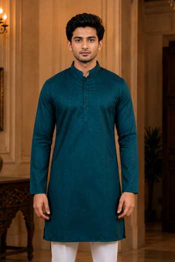 Jhambthreads Blue Silk, Cotton Woven Dobby Kurta And Pant Set Online at Aza Fashions Jhambthreads_Blue Silk, Cotton Woven Dobby Kurta And Pant Set _Online_at_Aza_Fashions
