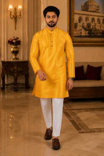 Jhambthreads Yellow Silk Woven Kurta And Pant Set Online at Aza Fashions Jhambthreads_Yellow Silk Woven Kurta And Pant Set _Online_at_Aza_Fashions