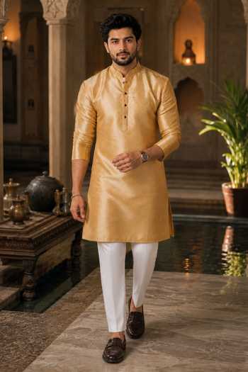 Jhambthreads Woven Plain Art Silk Kurta & Pant Set 