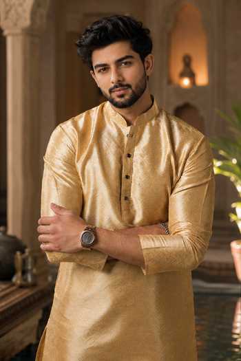 Jhambthreads Beige Silk Woven Plain Art Kurta And Pant Set Online at Aza Fashions Jhambthreads_Beige Silk Woven Plain Art Kurta And Pant Set _Online_at_Aza_Fashions