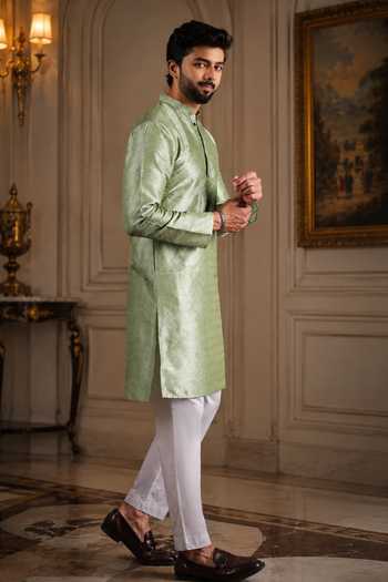 Jhambthreads Green Silk Woven Plain Kurta And Pant Set Online at Aza Fashions Jhambthreads_Green Silk Woven Plain Kurta And Pant Set _Online_at_Aza_Fashions