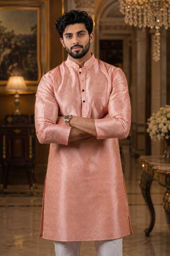 Jhambthreads Pink Silk Woven Plain Art Kurta And Pant Set Online at Aza Fashions Jhambthreads_Pink Silk Woven Plain Art Kurta And Pant Set _Online_at_Aza_Fashions