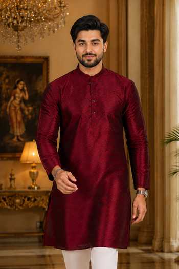 Jhambthreads_Maroon Silk Woven Plain Kurta And Pant Set _Online_at_Aza_Fashions