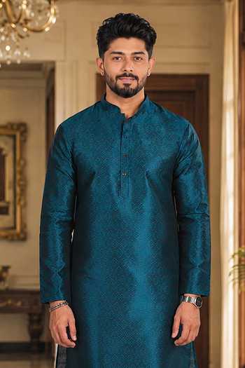 Jhambthreads Blue Silk Woven Plain Kurta And Pant Set Online at Aza Fashions Jhambthreads_Blue Silk Woven Plain Kurta And Pant Set _Online_at_Aza_Fashions