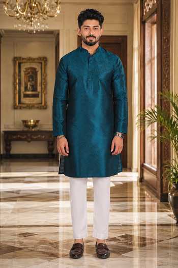 Buy Jhambthreads Blue Silk Woven Plain Kurta And Pant Set Online at Aza Fashions Buy_Jhambthreads_Blue Silk Woven Plain Kurta And Pant Set _Online_at_Aza_Fashions
