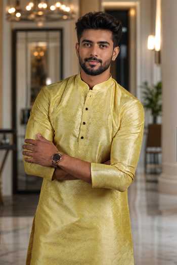 Jhambthreads Yellow Silk Woven Art Kurta Set Online at Aza Fashions Jhambthreads_Yellow Silk Woven Art Kurta Set _Online_at_Aza_Fashions
