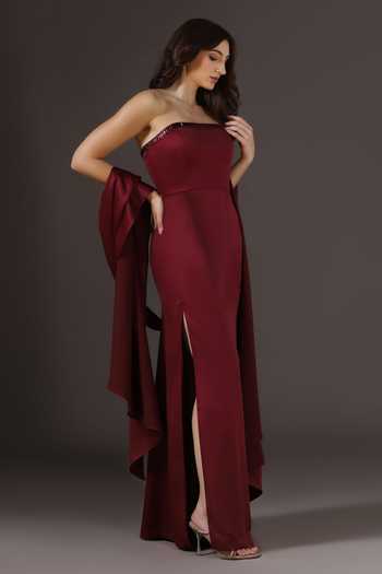 Pooja Peshoria_Wine Crepe, Satin, Polyester Embroidery, Beads, Stones Yoke Gown With Scarf _Online_at_Aza_Fashions