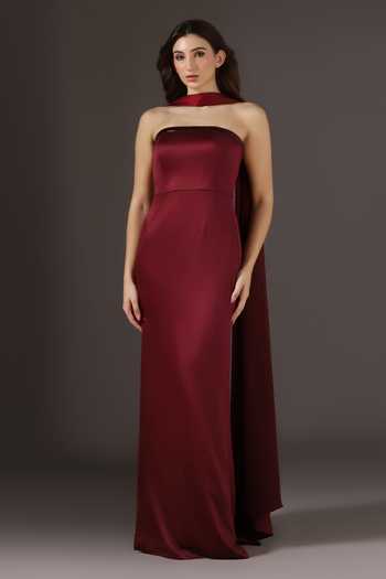 Buy_Pooja Peshoria_Wine Crepe, Satin, Polyester Embroidery, Beads, Stones Yoke Gown With Scarf _Online_at_Aza_Fashions