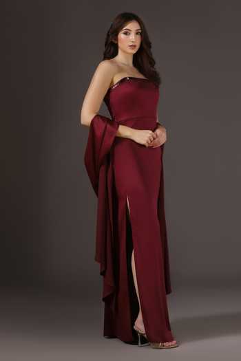 Shop_Pooja Peshoria_Wine Crepe, Satin, Polyester Embroidery, Beads, Stones Yoke Gown With Scarf _Online_at_Aza_Fashions
