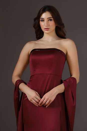 Pooja Peshoria_Wine Crepe, Satin, Polyester Embroidery, Beads, Stones Yoke Gown With Scarf _at_Aza_Fashions