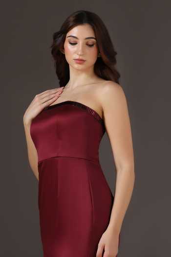 Buy_Pooja Peshoria_Wine Crepe, Satin, Polyester Embroidery, Beads, Stones Yoke Gown With Scarf 