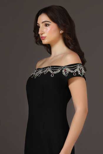 Pooja Peshoria_Black Knit Off-shoulder Crystal Embellished Dress _Online_at_Aza_Fashions