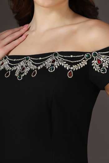 Buy_Pooja Peshoria_Black Knit Off-shoulder Crystal Embellished Dress _Online_at_Aza_Fashions