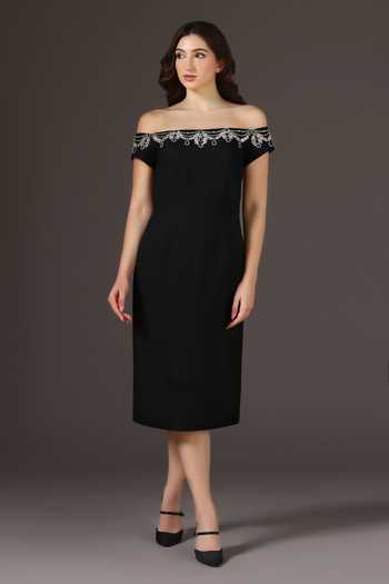 Shop_Pooja Peshoria_Black Knit Off-shoulder Crystal Embellished Dress _Online_at_Aza_Fashions
