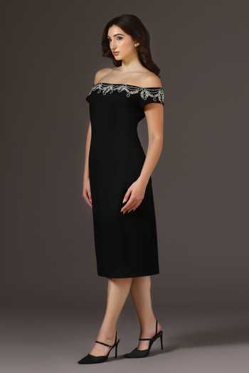 Pooja Peshoria_Black Knit Off-shoulder Crystal Embellished Dress _at_Aza_Fashions